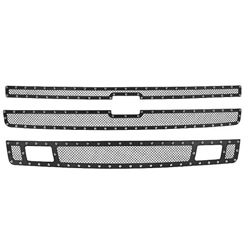 Spec-D Tuning Black Rivet Mesh Upper&Lower Main Grille Inserts 3PC Compatible with 2007-2013 Chevy Silverado 1500
