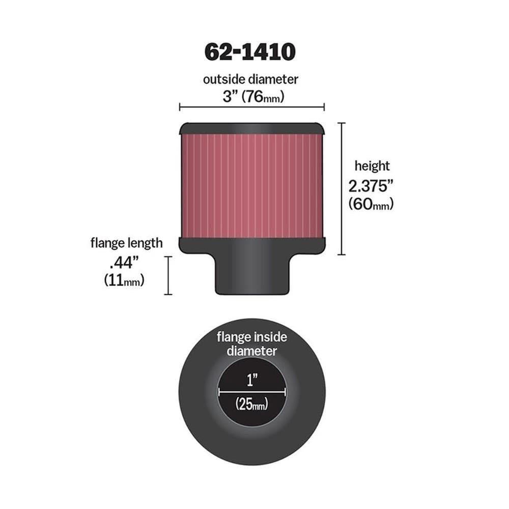 K&N Air Filter/Breather Vent: High Performance, Premium, Washable, Replacement Engine Filter: Flange Diameter: 1 in, Filter Height: 2.375 in, Flange Length: 0.4375 in, Shape: Breather, 62-1410