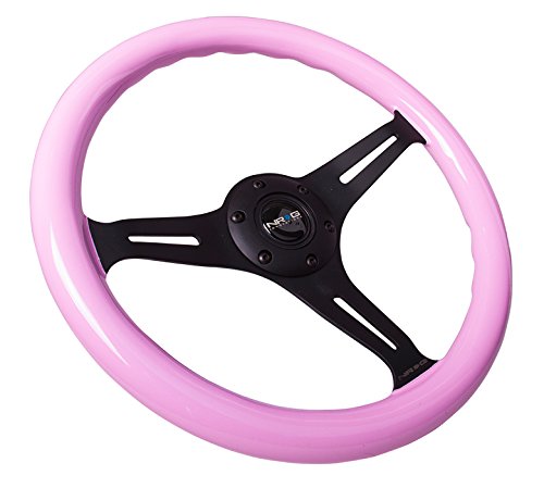 NRG Innovations Classic Wood Pink Grain Steering Wheel NRG-ST-015BK-PK, 350mm 3 Black Spokes, Solid Pink Painted Grip