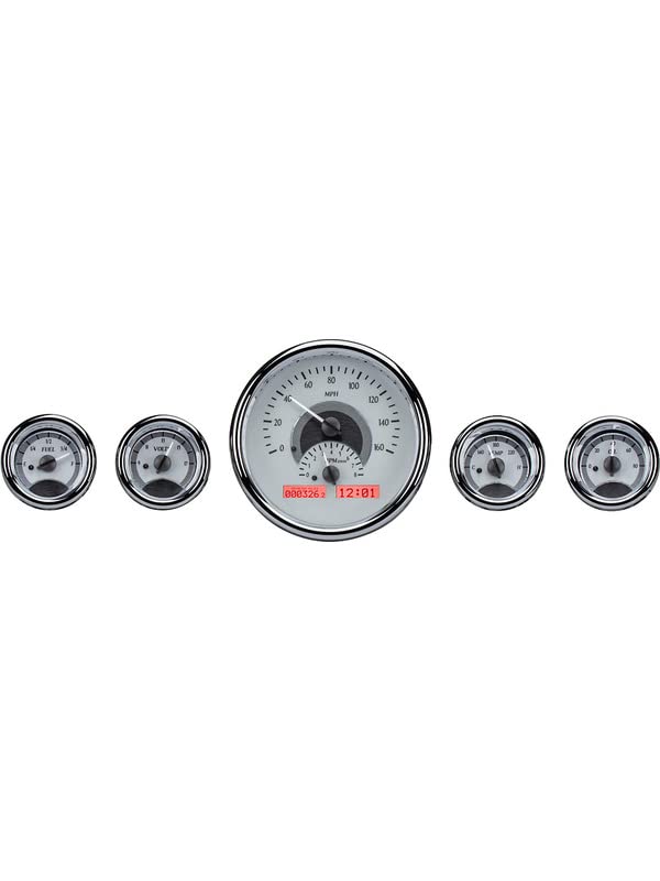 Dakota Digital 5 Round Universal Analog Dash Gauge System Silver Alloy / Red Backlighting VHX-1015-S-R