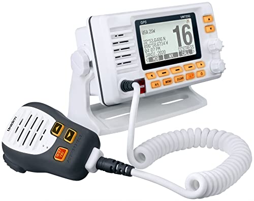 Marine VHF Radio Uniden UM725G, All USA, Canada, and Intl. Marine Channels, 1Watt/25Watt Transmit Power, Largest LCD Screen in Class, NOAA Weather Channels w/Alerts, Speaker Mic, GPS Built-in.