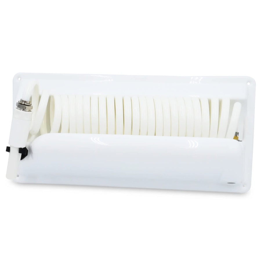T-H Marine Hose Station Pressure Wash - 25' Coiled Hose, 5' Supply Hose, Brass Fittings, Mountable Holder, Marine Cleaning and Outdoor Storage, White