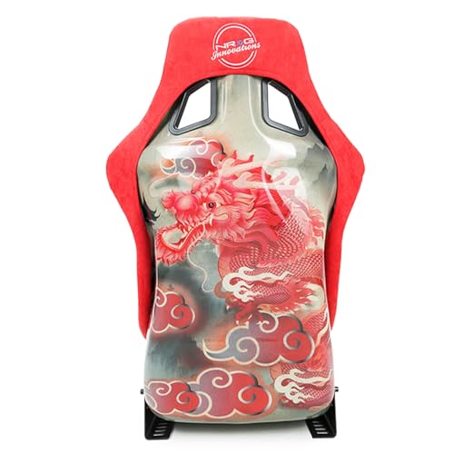 NRG Innovations Universal Fixed Back Bucket Seat NRG-FRP-302RD-DRGN-R, Special Dragon Embroidery Edition Racing Seat, Red Alcantara Seat Cover w/Mount Bracket, Size L