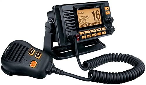 Marine VHF Radio Uniden UM725GBK, All USA, Canada, and Intl. Marine Channels, 1Watt/25Watt Transmit Power, Largest LCD Screen in Class, NOAA Weather Channels w/Alerts, Speaker Mic, GPS Built-in.