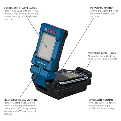 18V BOSCH GLI18V-800N Multidirectional, Portable LED Worklight with Mounting Magnet and Hanging Hook (Bare Tool)