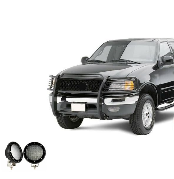 Bumper Guard Black Horse Grille brush Modular Come with Pair of 5.3"LED Lights with Black Trim Rings Compatible with 1999-2002 Expedition|1999-2004 F-150|1999-2007 F-250 Super Duty-17FP27MA-PLFB