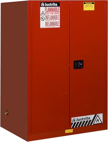 90 Gallon Justrite Manual Close Flammable Storage Cabinet, 18 Gauge Steel, 2 Shelves, 2 Door Fire Cabinet, 65" x 43" x 34", Made in The USA, Red, 899001