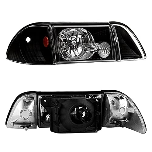Xtune HD-JH-FM87-6PC-AM-BK Headlight (87-93 Ford Mustang OEM style s with Corner Parking Lights 6pcs Amber - Black)