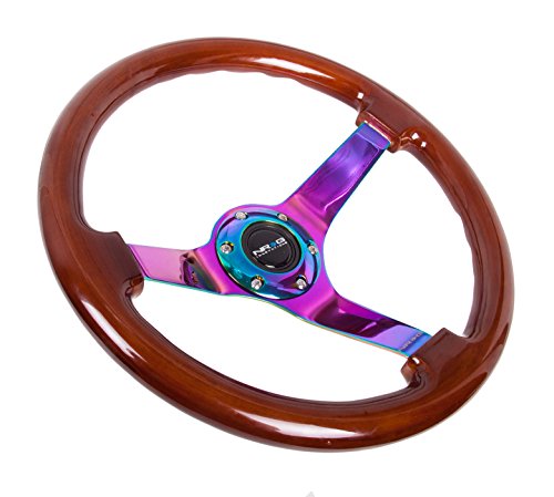 NRG Innovations Reinforced NRG-RST-036BR-MC Steering Wheel Classic Dark Wood Grain Wheel (3" Deep, 4mm), 350mm,75mm Deep 3 Solid Spoke Center In Neochrome/Mahogany