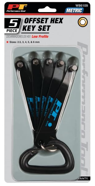 W86109 Performance Tool Metric Low Profile Offset Hex Key Wrench Tool Set for Workshops and Garages, Black, 5-Piece Set