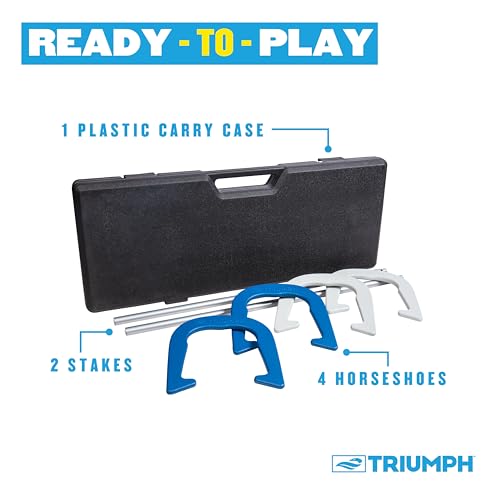 Triumph Premium Forged Horseshoe Set Triumph Complete with 4 Horseshoes, 2 Stakes and Hard Plastic Case with Locking Tabs for Transportation and Storage