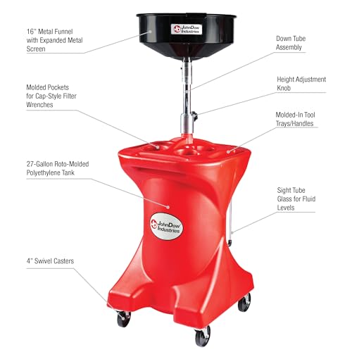 JDI-27GFD JohnDow Industries 27 Gallon Pump Assist Portable Oil Drain, 16 inch Diameter Centered Funnel, Adjustable Funnel Height of 45 in. to 70 in. With Molded in Tool Tray for Oil Filters and Tools