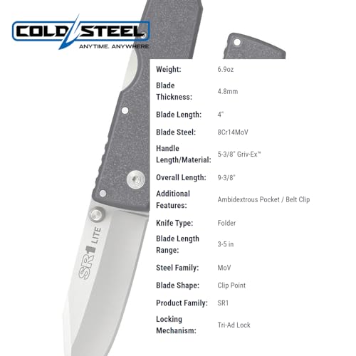 COLD STEEL 8Cr14MoV Steel SR1 Lite 4" Blade Griv-Ex Handle Tactical Self-Defense Folding Knife with Tri-Ad Locking Mechanism, Pocket/Belt Clip