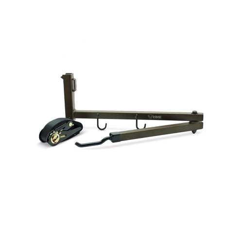 HME Easy-to-Attach Durable Better Tree Stand Bow Hanger Strap-On w/Two Accessory Hooks & Heavy-Duty Ratchet Strap - Extends to 25", 2.10 x 7.00 x 16.00