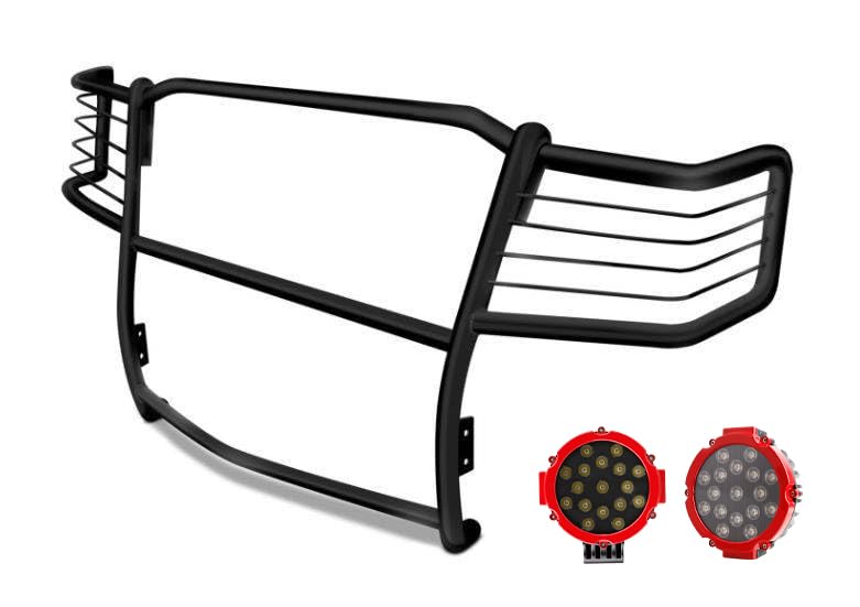 Bumper Guard Black Horse Grille brush Modular Come With pair of 7.0"Dia.LED Lights with Red Trim Rings Compatible with 1999-2007 Ford F-250/F-350/F-450/F-550 Super Duty-17FB23MA-PLR