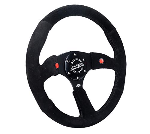 NRG Innovations Reinforced NRG-RST-023D-S Steering Wheel - 350mm Sport Suede Racing (2.5" Deep) Comfort Grip, 4mm Matte Black Spoke with Suede Finish and Dual Button