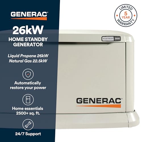Guardian Generac 26kW Home Standby Generator - Automatic Whole House Backup Power for Storms, Emergencies, and Outages, WiFi Enabled, Runs on Natural Gas or Liquid Propane, Quiet Operation