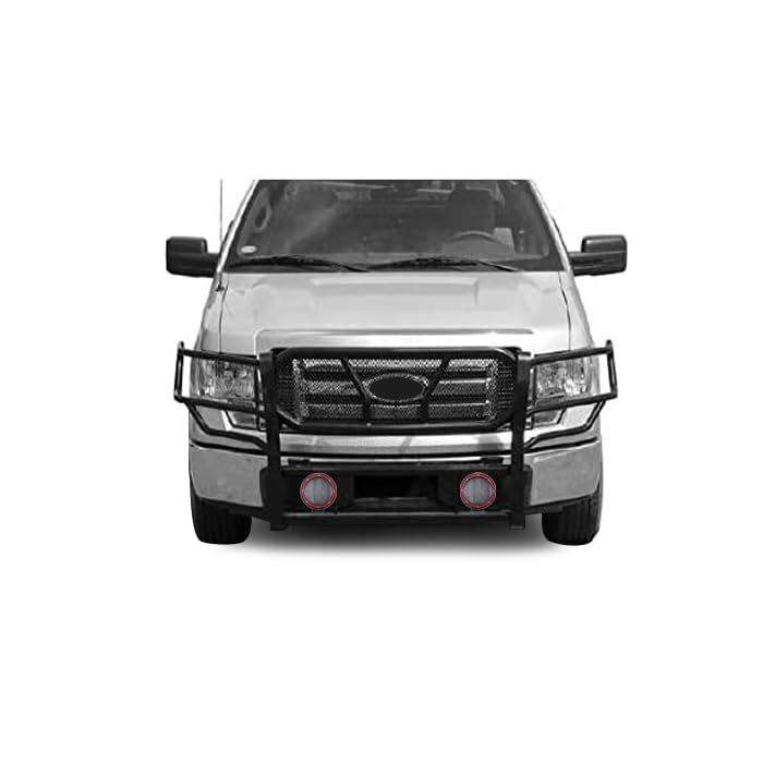 Heavy Duty Black Horse Rugged Grille Brush Bumper Guard Modular Black Come with Pair of 5.3" Dia.LED Lights with Red Trim Rings Compatible with 2009-2014 Ford F-150-RU-FOF109-B-PLFR