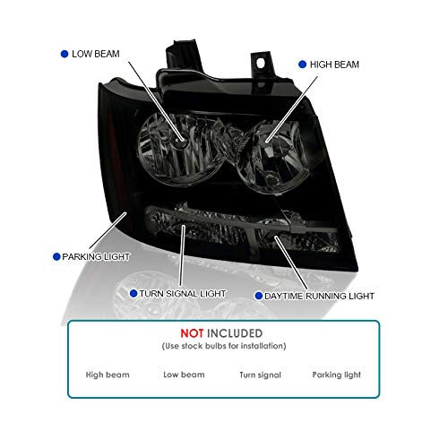 Smoked Headlights SPEC-D TUNING Compatible with 2007-2013 Chevy Avalanche, 2007-2014 Tahoe Suburban, L+R Pair Head Light Lamp Assembly
