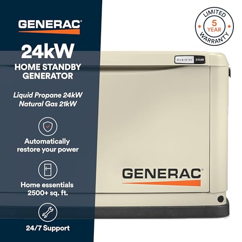 Guardian Generac 24kW Home Standby Generator - Automatic Whole House Backup Power for Storms, Emergencies, and Outages, WiFi Enabled, Runs on Natural Gas or Liquid Propane, Quiet Operation