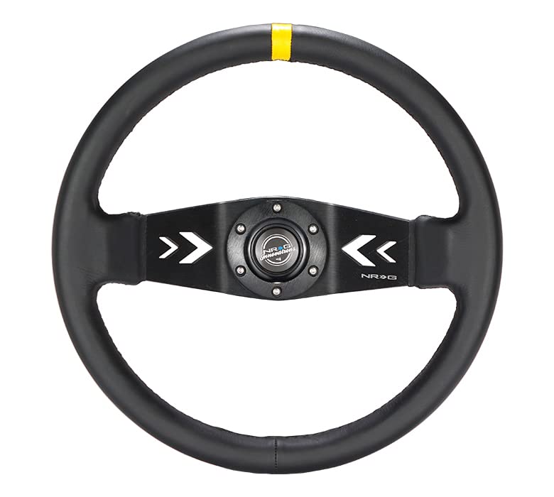 NRG Innovations Reinforced NRG-RST-022R-Y Steering Wheel Two Spoke 350mm Sport Arrow Cut Out (3" Deep) Black Leather, Yellow Center Marking