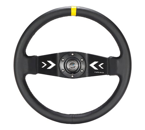 NRG Innovations Reinforced NRG-RST-022R-Y Steering Wheel Two Spoke 350mm Sport Arrow Cut Out (3" Deep) Black Leather, Yellow Center Marking