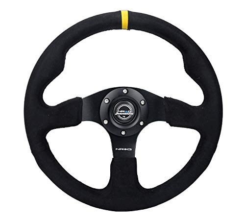 NRG Innovations Reinforced NRG-RST-012SA-Y Steering Wheel - Alcantara Steering Wheel with Yellow Center Mark 320mm Diameter, and 25mm Deep Black Stitch