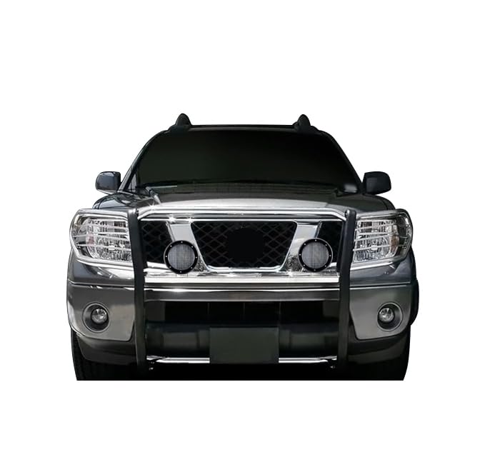 Bumper Guard Black Horse Grille Brush Modular Stainless Steel Come with Pair of 5.3" Dia.LED Lights with Black Trim Rings Compatible with 2005-2021 Frontier|2005-2007 Pathfinder-17A110200MSS-PLFB