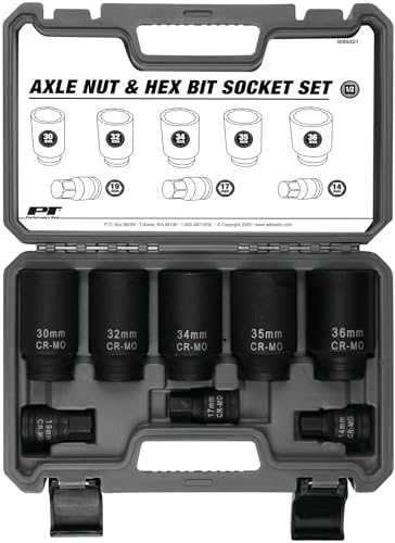 W89321 Performance Tool Axle Nut and Hex Bit Socket Set (8 Pieces) - Chrome Molybdenum Steel Construction, Extra-Deep Sockets for Secure Grip, Corrosion Protection, Fitted Storage Case - 1/2 in. Drive