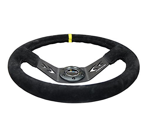 NRG Innovations Reinforced NRG-RST-022S-Y Steering Wheel Arrow Cut Out Two Spoke 350mm Sport Stereing Wheel Suede (3" Deep) Black Suede, Yellow Center Marking