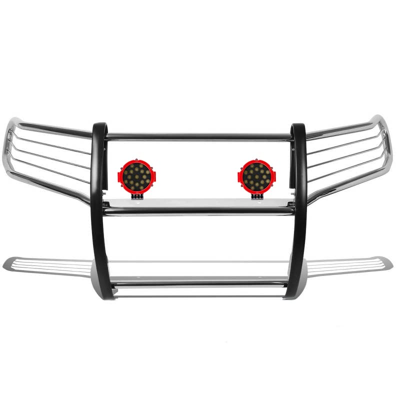 Bumper Guard Modular Stainless Steel Black Horse Grille brush Come With pair of 7.0"LED Light with Red Trim Rings Compatible with 2005-2021 Nissan Frontier|2005-2007 Nissan Pathfinder-17A110200MSS-PLR