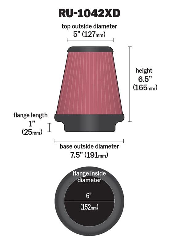 High-Flow K&N Original Lifetime Universal Clamp-On Air Filter: High Performance, Premium, Washable: Flange Diameter: 6 In, Filter Height: 6.5 In, Flange Length: 1 In, Shape: Round Tapered, RU-1042XD