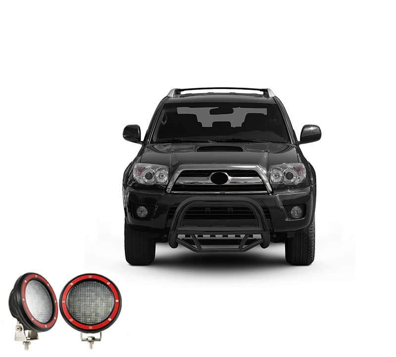 Max Bull Bar Black Horse Incl. Pair of 5.3" Dia.LED Lights w/Red Trim Rings No Skid Plate Compatible with 2003-2009 Lexus GX470|2003-2009 Toyota 4Runner-MBB-TOF7007-PLFR