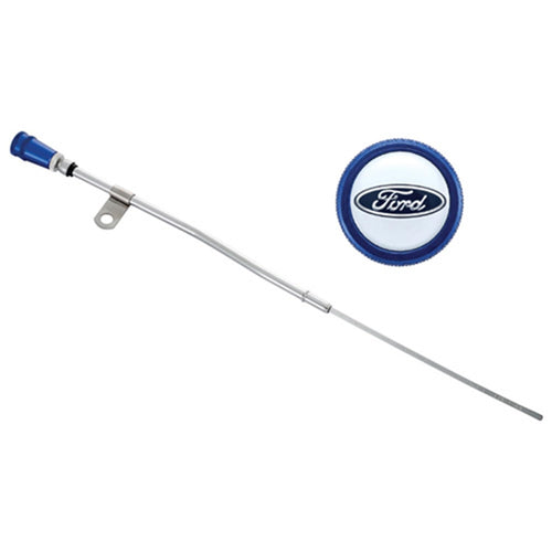 Ford Engine Oil Dipstick 302-400 - Solid Tube - Timing Cover Mount Logo - Aluminum/Steel - Blue Anodized/Chrome - Small Block Each