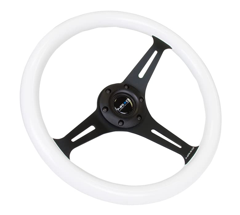 NRG Innovations Classic Wood Grain Steering Wheel, NRG-ST-015BK-GL-PP 350mm 3 Black Spokes- Glow-in-the-Dark Purple Color