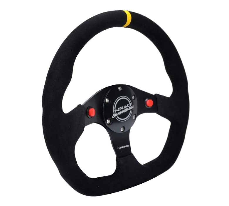 NRG Innovations Reinforced Steering Wheel NRG-RST-024D-MB-SA-Y 320mm Sport Alcantara Dual Push Buttons Flat Bottom with Yellow Center Mark