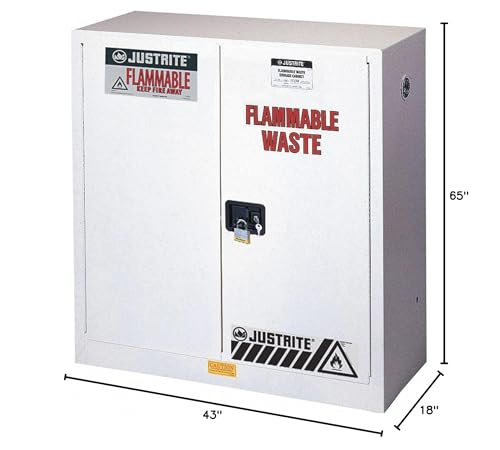 Justrite 2 Door Manual Steel Flammable Waste Safety Cabinet, 45 Gallon Capacity, 43" Width x 65" Height x 18" Depth, 2 Adjustable Shelvess, Made in The USA, White, 8945053