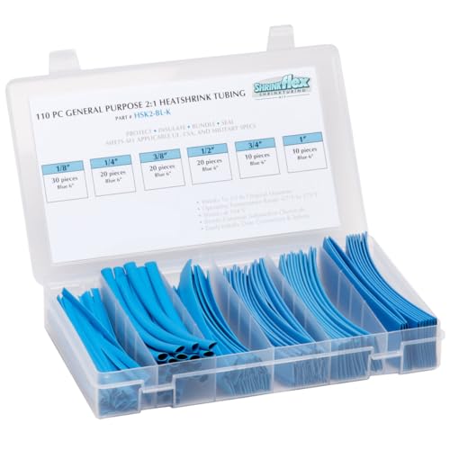 TUBING KIT: Shrink 110 PCS, 6" Lengths, 6 Sizes(1/8" to 1"), 2:1 Heat Shrink TUBING, Blue