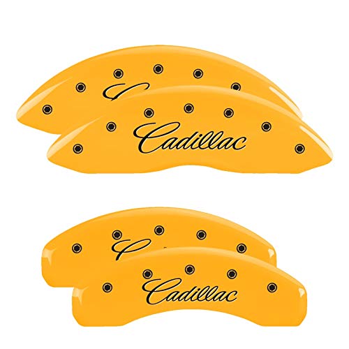 Brake Caliper Covers MGP - Compatible with 2021-2025 Cadillac Escalade, 2023 ESV (Requires 18"+ Wheels) Powder-Coated Finish, 4 PCS Front and Rear (Yellow - Cadillac Cursive Engraving)