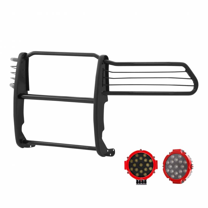 Grille Brush Black Horse Bumper Guard Modular Come with Pair of 7.0" LED Lights with Red Trim Rings Compatible with 2009-2018 Dodge Ram 1500|2019-2023 Ram 1500 Classic-17DG109MA-PLR