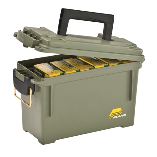 Plano Ammo Field Box, OD Green, Lockable Ammunition Storage Box with Heavy-Duty Carry Handle, Small Plastic Ammo Storage, Water-Resistant Protection, Holds 6-8 Boxes of Ammo