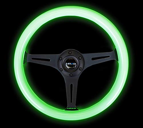 Classic NRG Wood Grain Steering Wheel (350mm) Glow-N-The-Dark Green Grip w/Black 3-Spoke Center