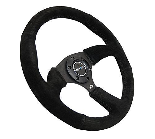 NRG Innovations Reinforced NRG-RST-023MB-S Steering Wheel 350mm Diameter 50mm Depth Sport Suede Racing (2.5" Deep) Comfort Grip, 5mm Thick Matte Black Spoke, Double Riveted Spokes