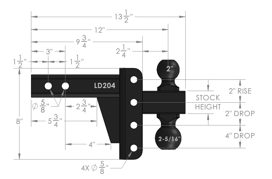 2.0" BulletProof Hitches Adjustable Light Duty Trailer Hitch (10,000 lb. Rating) - 4" Drop/Rise Trailer Hitch with 2" & 2-5/16" Dual Ball - Powder Coat, Box Steel, Corrosion-Resistant