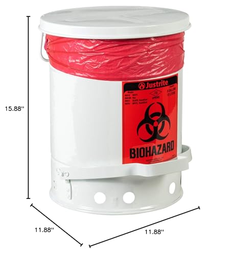 Galvanized Steel Justrite Biohazard Waste Container, 6 Gallon Capacity, 11-7/8" OD x 15-7/8" Height, White