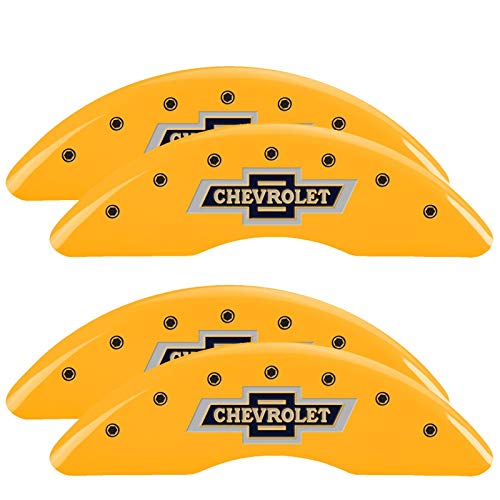 Brake Caliper Covers MGP - Compatible with 2020-2025 Chevy Silverado 2500 HD, 2020-24 3500 HD - Powder-Coated Finish, 4 PCS Front and Rear (Yellow - 100 Anniversary Engraving)