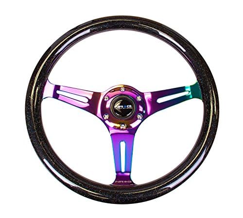 NRG Innovations Steering Wheel NRG-ST-015MC-BSB - 350mm 25mm Deep Configuration "Galaxy" Classic Wood Grain Wheel 3 Neochrome Spokes- Black Sparkled Color