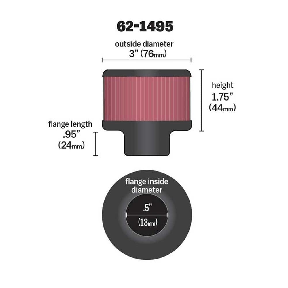 K&N Air Filter/Breather Vent: High Performance, Premium, Washable, Replacement Engine Filter: Flange Diameter: 0.5 in, Filter Height: 1.75 in, Flange Length: 0.9375 in, Shape: Breather, 62-1495
