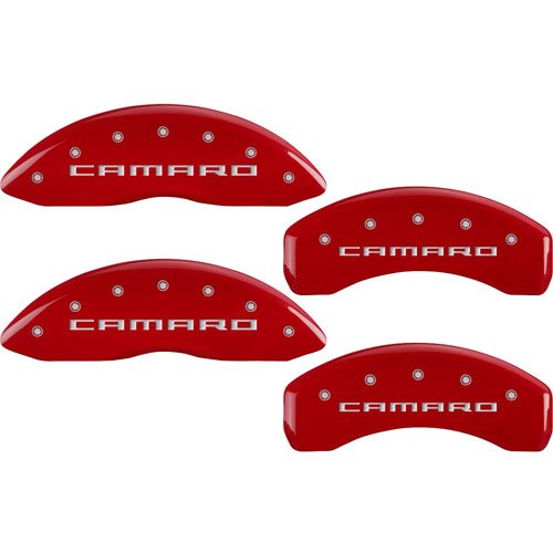 Caliper Covers MGP 14036SCA5RD (Red Powder Coat Finish, Engraved Front and Rear: Gen 5/6 Camaro, Silver Characters, Set of 4)