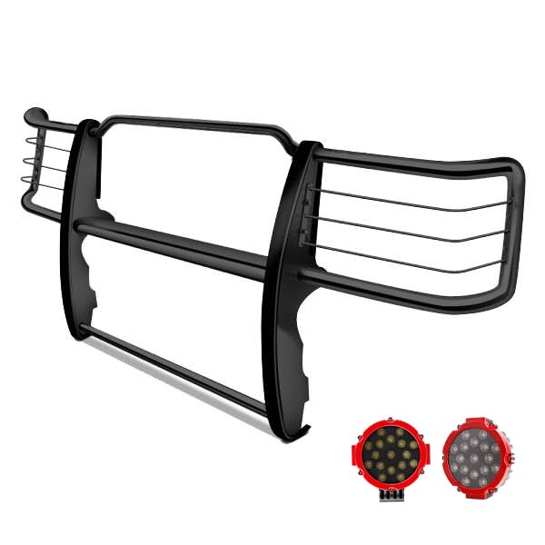 Grille Brush Black Horse Bumper Guard Modular Black Come with Pair of 7.0" Dia.LED Lights with Red Trim Rings Compatible with 1995-2001 Ford Explorer|1997-2001 Mercury Mountaineer-17F80218MA-PLR
